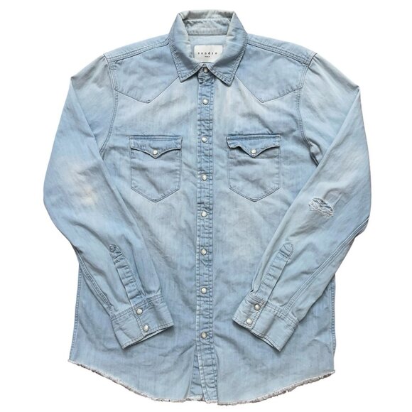 Sandro Paris Shirt Mens L Long Sleeve Denim Pearl Snap Button Distressed Blue - Picture 1 of 6